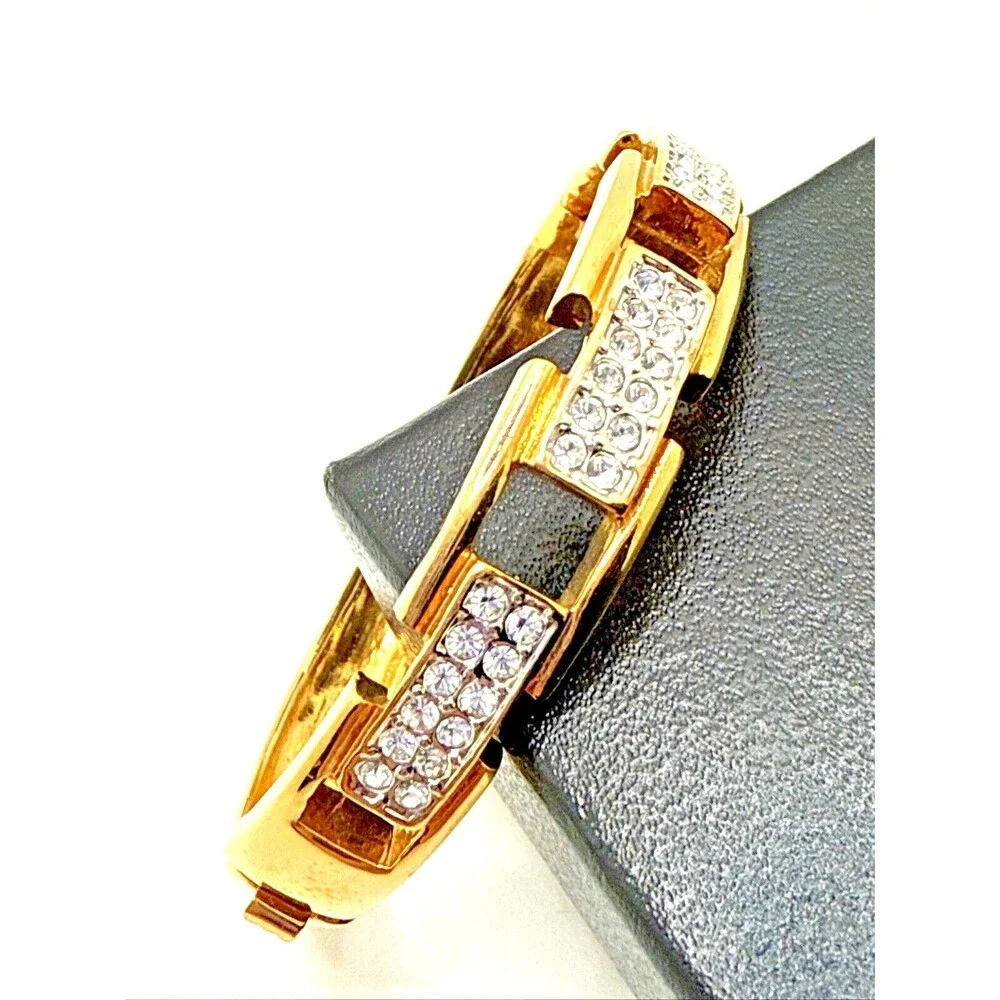 Rhinestone Link Bangle Bracelet Gold Tone Statement Hinged Runway Jewelry 7